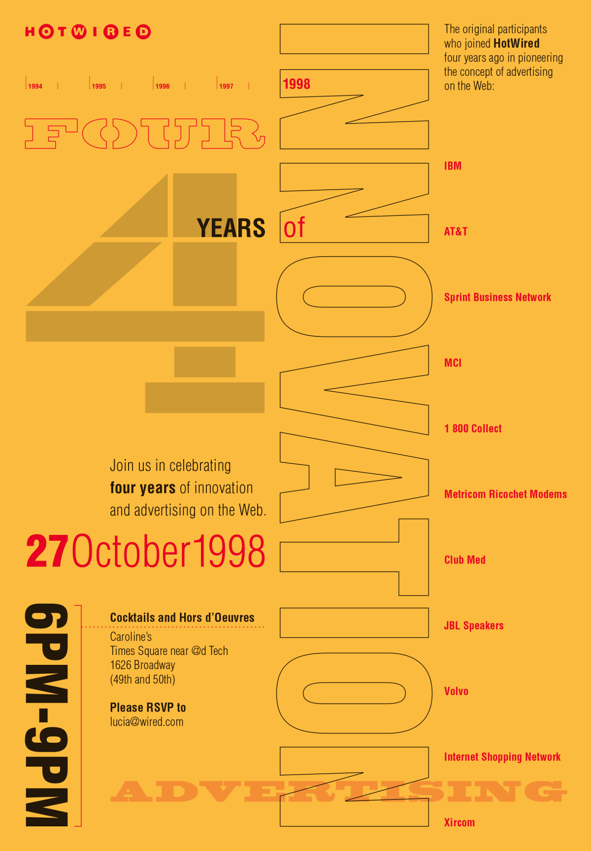 HotWired invitation card inside: 4 Years of Innovation in Advertising. 27 October 1998. A listing of the original participants who joined HotWired in pioneering the concept of advertising on the Web.