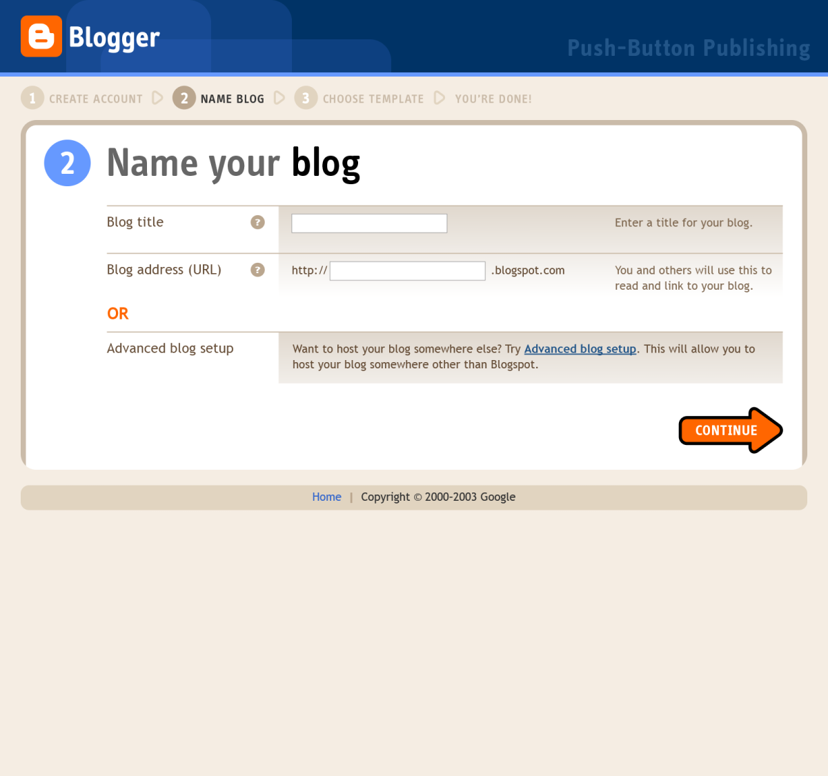 Blogger registration flow, step 2 (Name your blog)