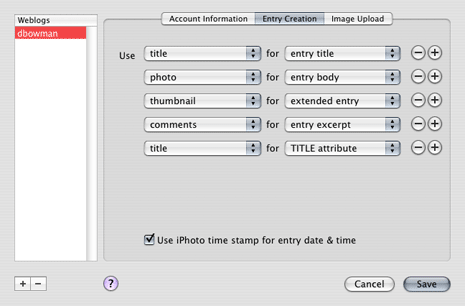 Photon Entry Creation pane, showing title to entry title, photo to entry body, thumbnail to extended entry, comments to entry excerpt, and title to title attribute.