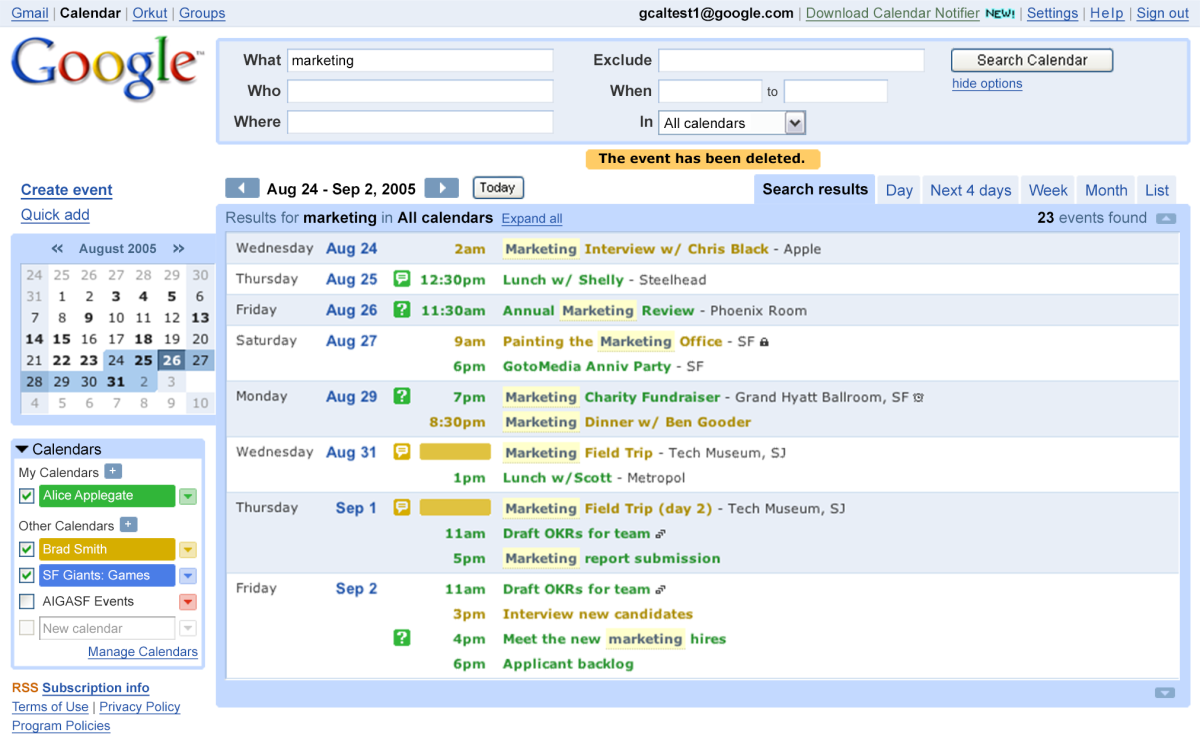 Google Calendar: list view