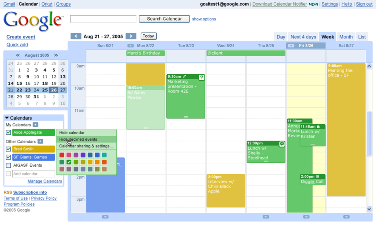 Google Calendar: week view